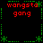 Red text 'wongsta gong' appears in four quadrants of a black background, framed by green pixelated borders with asterisk and dotted patterns.