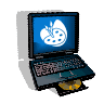 Animated contact sheet of six AIM buddy icons showing laptop computers with blue screens displaying various symbols including a paint palette, globe, and Greek letter Psi.