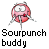 Pixelated red spherical icon with white eyes and a mouth, attached to four thin gray legs, positioned above black pixelated text reading Sourpunch buddy on gray background.