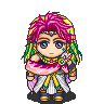 Pixel art character with pink and green hair, blue eyes, and a pink-and-white outfit in three distinct poses.