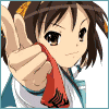Anime-style character with brown hair and yellow hair ties holds a red object in a of nine sequential poses showing hand and facial expression changes