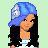 Pixel art contact sheet showing multiple frames of a female character with black hair wearing blue and white clothing, including text elements "black hair!" and "i luv having" on a light green background.