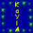 Yellow vertical text 'KOYI A KOYI A' on blue background with green pixelated squares scattered throughout.