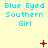 Blue Eyed Southern Girl text in cyan pixel font on pale yellow background with red animated symbols appearing and changing across frames.