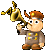 Pixelated cartoon character in brown uniform with yellow buttons plays golden trumpet, show slight animation of musical notes