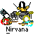 Pixel art band scene with four members playing instruments under a gray background, text "Nirvana" below.