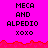 Pixelated text on bright pink background with red wave border; repeated 'MECA AND ALPEDIO xoxo' in three above and two below a gray