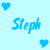 Pixelated blue text "Steph" appears twice on a light blue background with four pixelated hearts at corners and center bottom.
