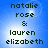 Blue background with pixelated text reading 'natalie rose & lauren elizabeth' in four identical quadrants, each with a bright light effect near the text.