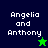 Pixelated text 'Angelia and Anthony' appears on four colored backgrounds with a star symbol changing color between frames.