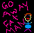 Pixelated icon with pink text fragments and a stick figure on black background.