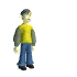 Animated sequence of a character in yellow shirt and blue pants performing walking motion with head turning left to right.