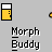 Pixelated yellow figure with white head and red accents, interacting with a tall glass-like object in various poses