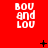 Red background with repeated white text 'BOU and LOU' in pixelated font, interspersed with black plus and X symbols.