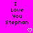 A static image with bright pink background displaying black pixelated text "I Love You Stephan" and two white pixelated hearts at bottom right.