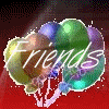 A red background with a cluster of green, blue, purple, and teal balloons tied together by white strings, overlaid with the word 'Friends' in cursive script.