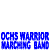 Animated contact sheet of a pixelated marching band icon with blue instruments and yellow/orange accents, displaying multiple frame variations including flag-waving, instrument-playing, and movement poses.