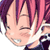 Pixelated anime-style character face with pink and purple hair, closed eyes, smiling expression, hand near cheek, dark clothing, white highlights on hair and clothing.