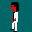 Pixelated character in white suit with red face and black hair walks across teal background, stepping onto gray platform.