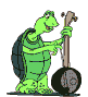 Green cartoon turtle playing a banjo with changing hand positions and instrument orientation