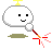 Pixelated character with white rounded body, black square eyes, yellow antenna, and smiling mouth holding a red-and-orange stick that emits colored sparks.