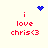Pixelated red text 'i love chris<3' on light background with blue heart and starburst icons above.