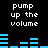 Pixelated text "pump up the volume" appears above blue audio equalizer bars on a black background, with varying bar heights across frames.