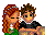Pixel art of two cartoon characters in a close pose against gray background, one with long red hair and blue accents, the other with brown spiky hair and dark clothing.