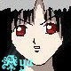 Pixelated anime-style face with red eyes and black hair, repeated in a pattern with cyan text below each instance