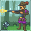 Pixel art of a character in brown and purple clothing firing a rifle with yellow muzzle flash against a forest background.