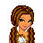 Pixel art character in orange outfit with brown braided hair, showing full body and head views alongside text elements.
