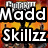 Pixelated text overlays on a fiery orange and red background with dark silhouettes of figures, featuring multiple instances of 'Madd Skillzz' and 'guitar' in bold white lettering.