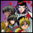 A 48x48 pixel animated contact sheet showing two frames of an anime-style buddy icon featuring four characters against a purple background with red accents, alongside "Anime IM" and "COM" text on the right side.