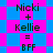 Pixelated text 'Nicki + Kellie = BFF' repeated twice on a blue and pink checkered background with diamond-shaped pattern.