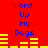 Red background with blue text "Word Up My Dogs" and yellow horizontal bars in two identical vertical sections, each section showing a different bar pattern.