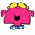 Pixelated pink character with yellow hair clips, blue shoes, and open mouth on white background; adjacent red text reads 'little miss chatterbox' on pink background.