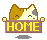 Pixel art cat holding a sign with 'HOME' text, alternating between yellow and black lettering