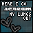 Animated icon with dark blue background showing text 'HERE I GO ACTUAL MY LUNGS OUT' and two heart shapes, where the word 'ACTUAL' cycles through color variations.