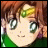 Pixelated anime-style character with brown hair and green eyes, wearing a green top, next to stylized text on black background.