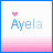 A static icon displays the name 'Ayela' in light blue pixelated text with a small pink heart above it, set against a white background and pink gradient strip.