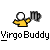 Pixelated static icon of a yellow stick figure holding a musical note with the text "Virgo Buddy" below it on a gray background.