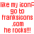 Red pixelated text on white background repeats 'like my icon? go to franksicons.com he rocks!!!' in two with slight variations
