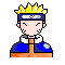 Pixel art character with spiky yellow hair and blue headband, wearing orange-and-blue jacket, performing hand signs then eating noodles from cup.
