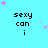 Pixelated text 'sexy can i' on cyan background with pink and light blue stars, gray rectangle in bottom right corner.