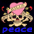 Pixelated skull with pink heart and banner, crossed bones, red horns, blue text below.