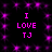 Pixelated purple text on black background with repeating 'I LOVE TJ' phrases and scattered purple square sparkles.