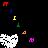 Pixelated static image with dark background featuring white abstract shape, yellow 'I' symbol, purple circular element, and scattered colored pixels.