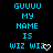 Pixelated blue text on black background reads 'GUUUU MY NAME IS WIZ WIZ' with a white heart symbol replacing the final 'Z' in 'WIZ' on the right side.