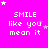 Bright pink background with white pixelated text reading 'SMILE like you mean it' and scattered small stars in various shades of pink.