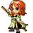 Pixelated character with orange hair and green outfit holding a staff, displayed in six repeated positions